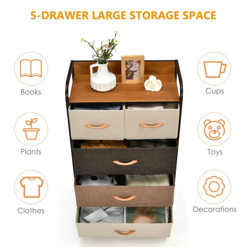 Costway 5-Drawer Dresser Storage 4-Tier Organizer Tower Steel Frame Wooden Top