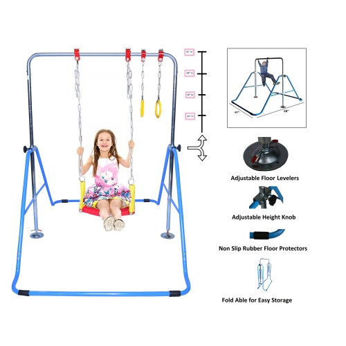 Gymnastics Bar Kids Home Training Kip Bar | 3 in 1 Set w Swing Seat, Trapeze Rings, Expandable Horizontal Bar Folding | Junior Gymnastics Training