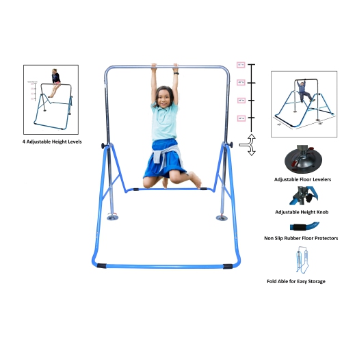 Gymnastics Bar Kids Home Training Kip Bar | 3 in 1 Set w Swing Seat, Trapeze Rings, Expandable Horizontal Bar Folding | Junior Gymnastics Training
