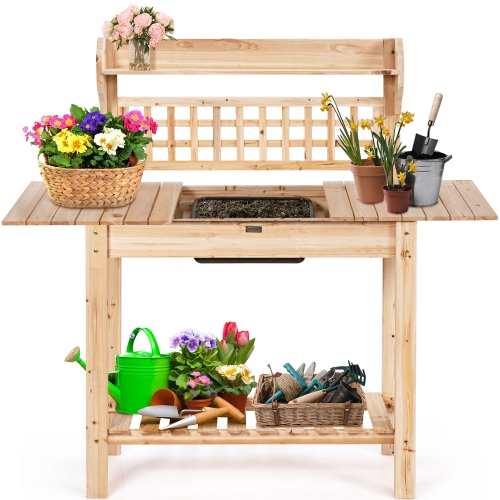 COSTWAY  Garden Potting Bench Workstation Table W/sliding Tabletop Sink Shelves