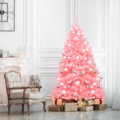 Costway 6Ft Hinged Artificial Christmas Tree Full Fir Tree New PVC w/ Metal Stand Pink