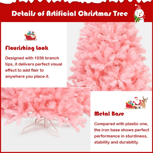 Costway 6Ft Hinged Artificial Christmas Tree Full Fir Tree New PVC w/ Metal Stand Pink