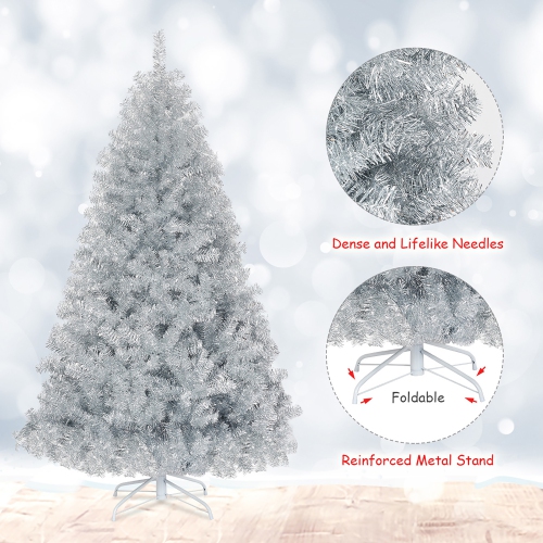 Costway 6Ft Hinged Unlit Artificial Silver Tinsel Christmas Tree Holiday w/Metal Stand