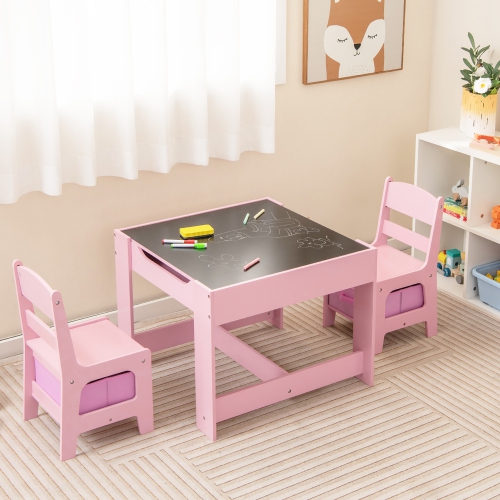 Gymax 3 in 1 Kids Wood Table Chairs Set w/ Storage Box Blackboard Drawing Pink