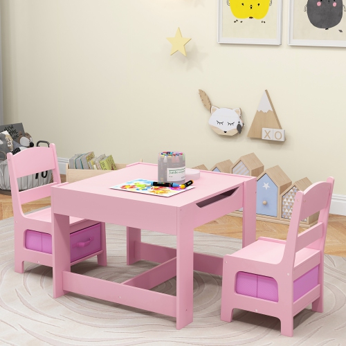 Gymax 3 in 1 Kids Wood Table Chairs Set w/ Storage Box Blackboard Drawing Pink