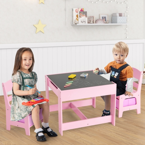 Gymax 3 in 1 Kids Wood Table Chairs Set w/ Storage Box Blackboard Drawing Pink