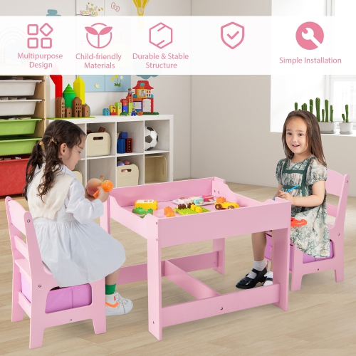 Gymax 3 in 1 Kids Wood Table Chairs Set w/ Storage Box Blackboard Drawing Pink