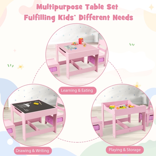 Gymax 3 in 1 Kids Wood Table Chairs Set w/ Storage Box Blackboard Drawing Pink