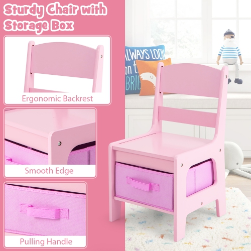 Gymax 3 in 1 Kids Wood Table Chairs Set w/ Storage Box Blackboard Drawing Pink