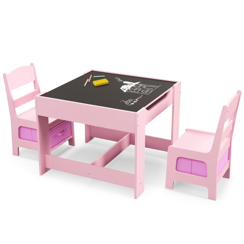 Gymax 3 in 1 Kids Wood Table Chairs Set w/ Storage Box Blackboard Drawing Pink