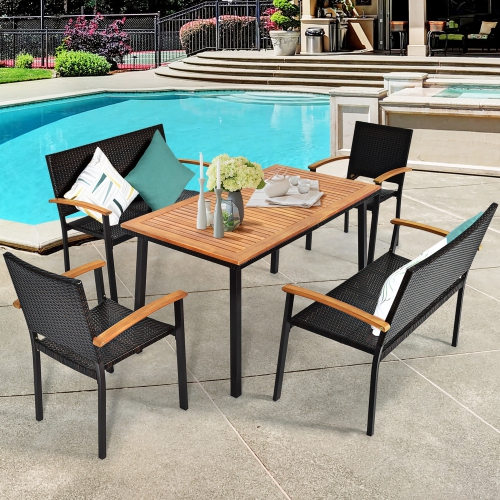 GYMAX  5PCs Rattan Outdoor Dining Set Patio Furniture Set W/ Wooden Tabletop