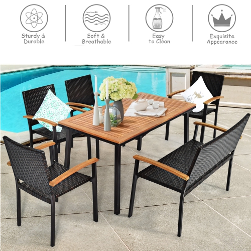 Gymax 6PCS Rattan Outdoor Dining Set Patio Furniture Set w/ Wooden Tabletop