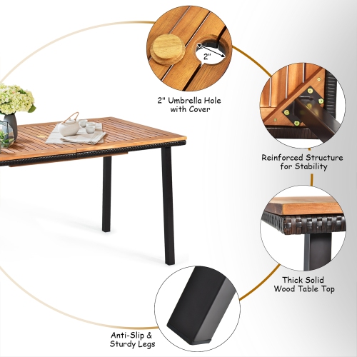 Gymax 6PCS Rattan Outdoor Dining Set Patio Furniture Set w/ Wooden Tabletop