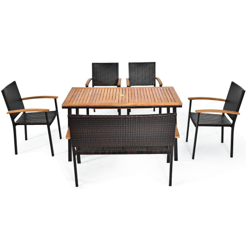Gymax 6PCS Rattan Outdoor Dining Set Patio Furniture Set w/ Wooden Tabletop