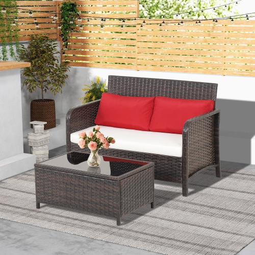 GYMAX  2 Pieces Outdoor Patio Wicker Furniture Set Rattan Loveseat & Coffee Table