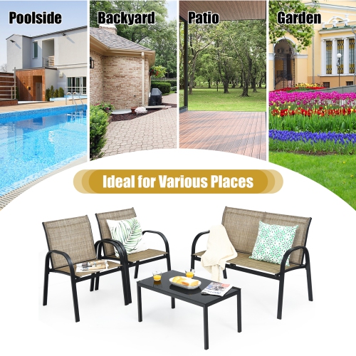 Costway 4 PCS Patio Furniture Set Sofa Coffee Table Steel Frame Garden Brown