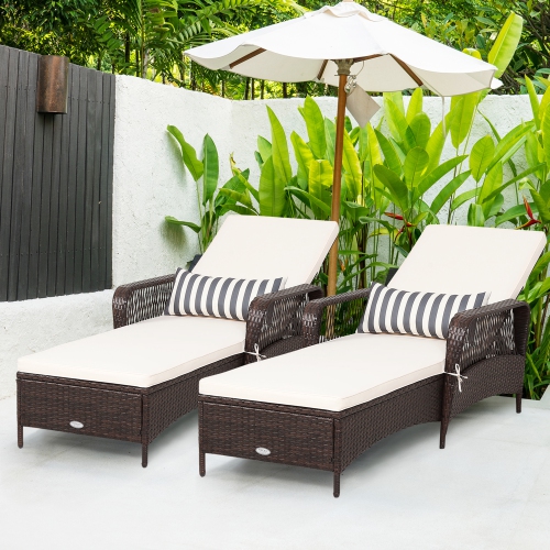 GYMAX  Set Of 2 Rattan Patio Lounge Chair Chaise W/ Adjustable Backrest Cushion & Pillow