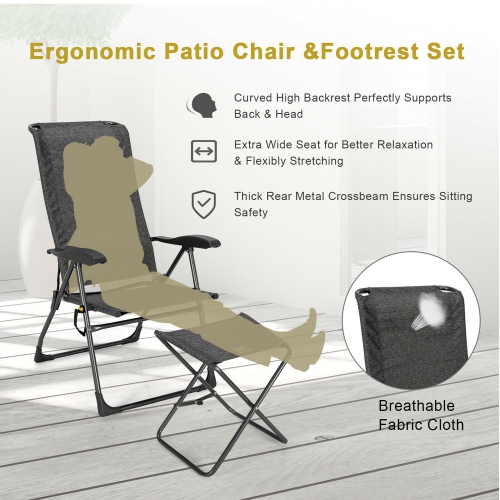 Gymax 4PCS Folding Patio Recliner Chair & Ottoman Set w/ Adjustable Backrest