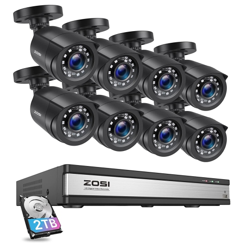 ZOSI  H.265+ 16Ch 1080P Dvr Security Cameras System w 2Tb HDD, 8PCs Wired Ip66 Outdoor Surveillance Cameras, 80Ft Night Vision, Ai Human Vehicle