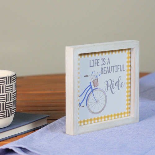 7" Blue And White Vintage Bicycle "Life Is A Beautiful Ride" Plaid Accent Wall Decor