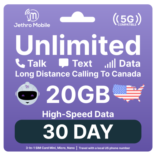 Jethro Mobile [30 jours] Carte SIM prépayée USA avec appels et SMS illimités, données - Kit d'activation Nano Micro Standard 3 en 1