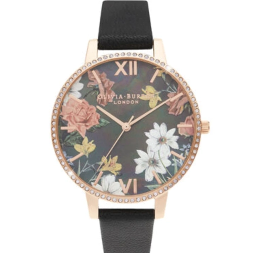 Olivia Burton Big Mother Of Pearl Dial Black & Rose Gold Watch #OB16BF31