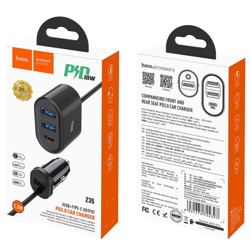 TopSave Z35 Companheiro 3 USB et chargeur de voiture de sortie Type-C Indicateur LED support PD3.0, QC3.0 / QC2.0, pour Samsung AFC, pour Huawei FCP,