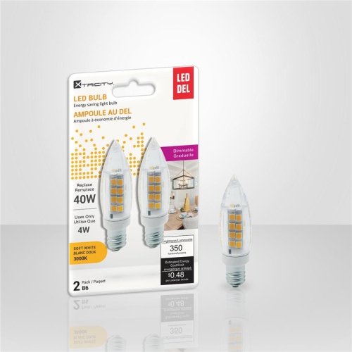Xtricity - Set of 2 Dimmable Energy Saving LED Bulbs, 4W, Candelabra Base, 3000K Soft White