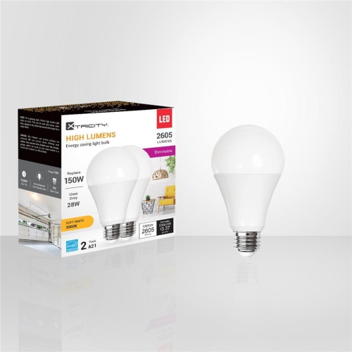 Xtricity - Set of 2 Dimmable Energy Saving LED Bulbs, 28W, E26 Base, 3000K Soft White