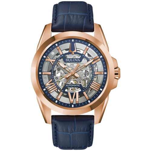 Bulova Mens Sutton Automatic Watch 43mm Rose Gold-Tone Stainless Steel Case Blue Leather Strap with Blue Dial