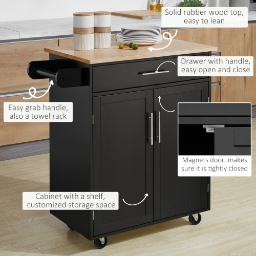 HOMCOM Rolling Kitchen Island Cart with Wood Top, Enough Storage Drawer Space with Towel Bar Rack Shelves, Portable Kitchen Utility Serving Cart