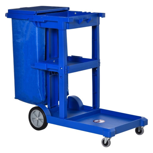 HOMCOM Commercial Janitorial Cart with 3 Tier Shelves Professional Cleaning Trolley with Rubbish Bag and Mop Mount for Hotel, Restaurant, Office, Blue