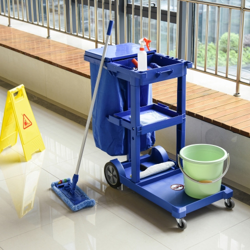 HOMCOM Commercial Janitorial Cart with 3 Tier Shelves Professional Cleaning Trolley with Rubbish Bag with Lid and Mop Mount for Hotel, Restaurant,