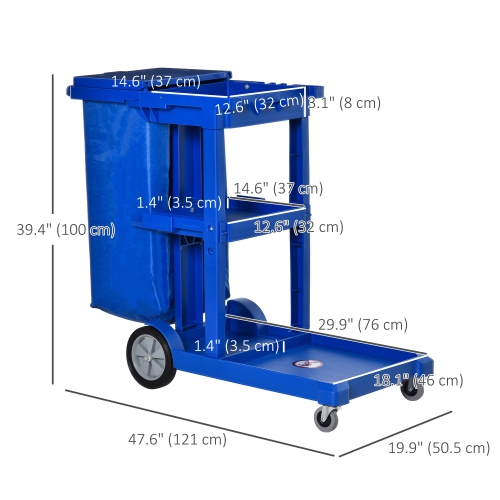 HOMCOM Commercial Janitorial Cart with 3 Tier Shelves Professional Cleaning Trolley with Rubbish Bag with Lid and Mop Mount for Hotel, Restaurant,