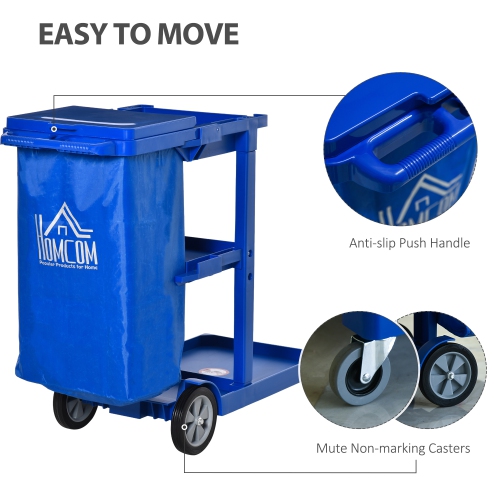 HOMCOM Commercial Janitorial Cart with 3 Tier Shelves Professional Cleaning Trolley with Rubbish Bag with Lid and Mop Mount for Hotel, Restaurant,