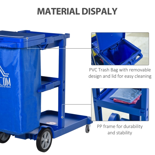 HOMCOM Commercial Janitorial Cart with 3 Tier Shelves Professional Cleaning Trolley with Rubbish Bag with Lid and Mop Mount for Hotel, Restaurant,