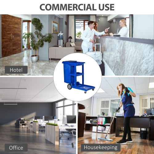 HOMCOM Commercial Janitorial Cart with 3 Tier Shelves Professional Cleaning Trolley with Rubbish Bag with Lid and Mop Mount for Hotel, Restaurant,