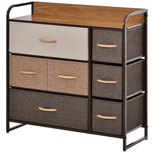 HOMCOM – Commode à 7 tiroirs, coffre en tissu à tiroirs, étagère de rangement à 3 niveaux avec cadre en acier et dessus en bois pour chambre à couche