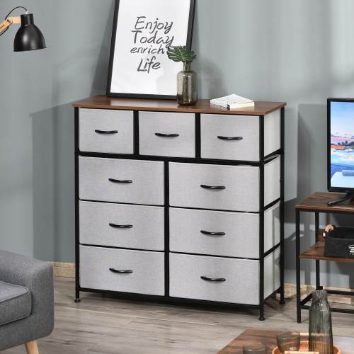 HOMCOM Dresser for Bedroom with 9 Drawers, 4-Tier Fabric Chest of Drawers, Tall Dresser Storage Tower with Steel Frame and Wooden Top for Closets,