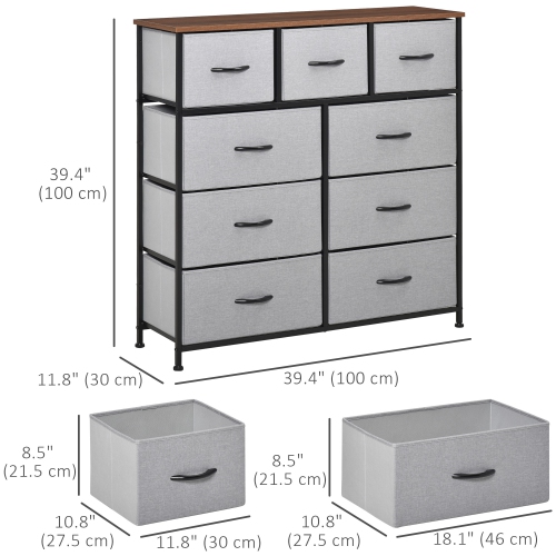 HOMCOM Dresser for Bedroom with 9 Drawers, 4-Tier Fabric Chest of Drawers, Tall Dresser Storage Tower with Steel Frame and Wooden Top for Closets,