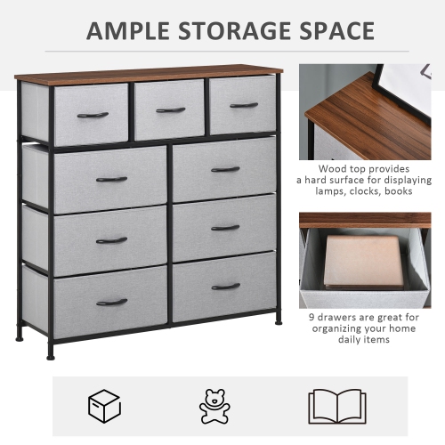 HOMCOM Dresser for Bedroom with 9 Drawers, 4-Tier Fabric Chest of Drawers, Tall Dresser Storage Tower with Steel Frame and Wooden Top for Closets,