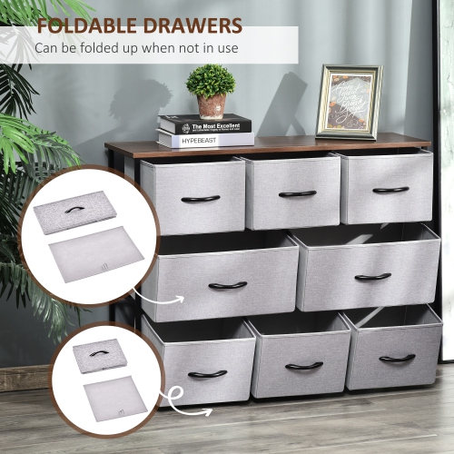 HOMCOM Dresser for Bedroom with 8 Drawers, 3-Tier Fabric Chest of Drawers, Tall Dresser Storage Tower with Steel Frame and Wooden Top for Closets,