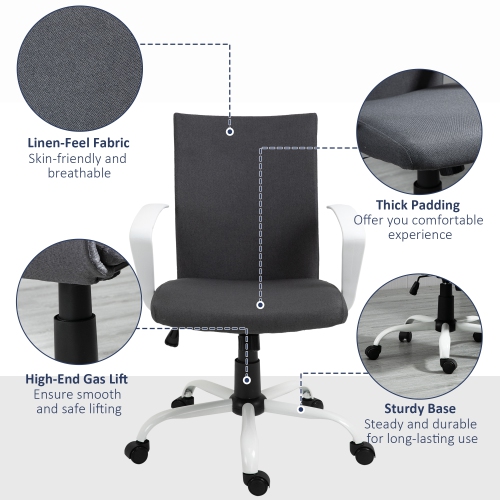 Vinsetto Mid Back Office Chair Linen Swivel Computer Desk Chair Task Chair with Wheels, Arm, Tilt Function, Charcoal Grey