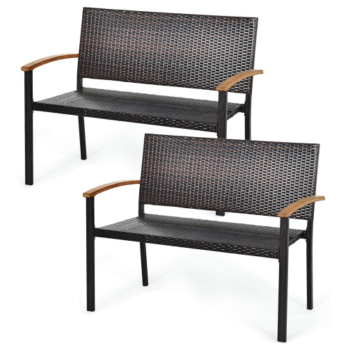 GYMAX  Set Of 2 Patio Wicker Bench All Weather Rattan Chair Loveseat W/ Acacia Armrest