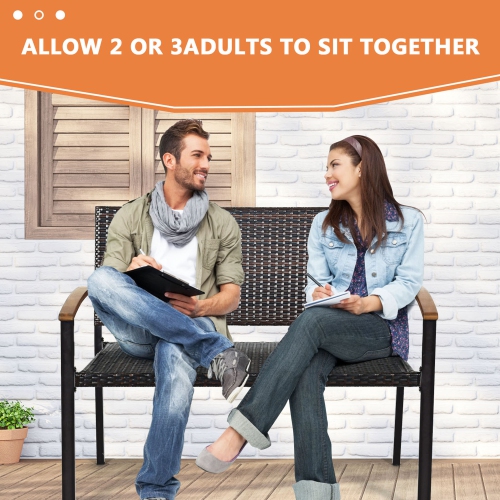 Gymax Set of 2 Patio Wicker Bench All Weather Rattan Chair Loveseat w/ Acacia Armrest