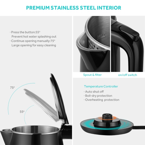 LIVINGbasics 1.7L Smart Temp Electric 1500W Digital Kettle - Cool Touch Double-layer Stainless Steel - Black