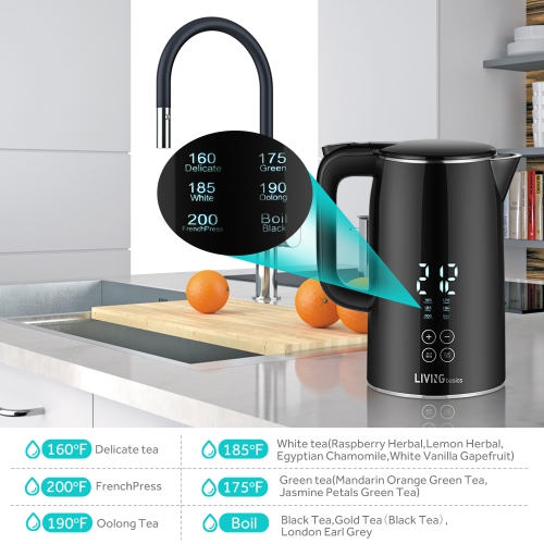 LIVINGbasics 1.7L Smart Temp Electric 1500W Digital Kettle - Cool Touch Double-layer Stainless Steel - Black