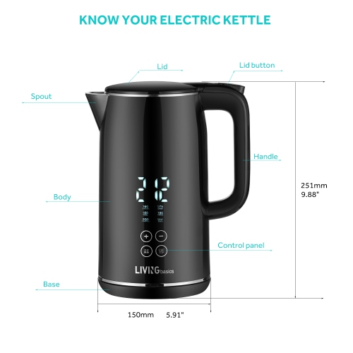 LIVINGbasics 1.7L Smart Temp Electric 1500W Digital Kettle - Cool Touch Double-layer Stainless Steel - Black