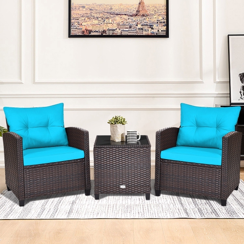 Gymax 3PCS Outdoor Patio Rattan Conversation Set w/ Coffee Table Turquoise Cushion
