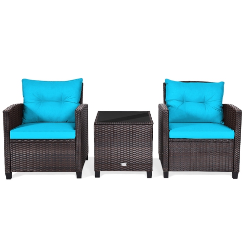 Gymax 3PCS Outdoor Patio Rattan Conversation Set w/ Coffee Table Turquoise Cushion